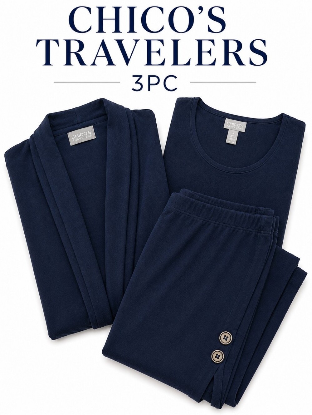 Chico’s Travelers 3 Piece Navy Travel Knit Set Cardigan Top Pants Zip Sleeves XL